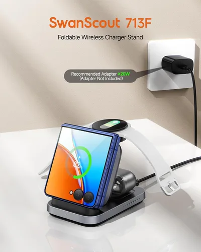 Miniatura 2 de SwanScout Cargador inalámbrico para Samsung Z Flip 7/7 FE/6/5/4/3, estación de carga 3 en 1 para Galaxy Watch 8 Classic/8/Ultra/7/FE/6/5/4