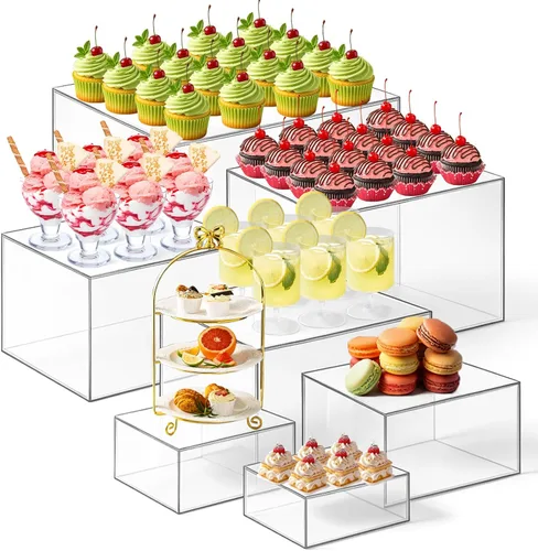 Leinuosen Juego de 7 elevadores de buffet extra grandes de 8 a 14 pulgadas, caja de exhibición de acrílico cuadrada, elevador de mesa de postres