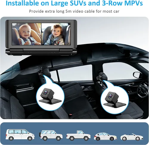 Miniatura 6 de Cámara de coche de bebé para 2 niños, monitor de bebé de pantalla dividida HD 1080P de 6.86 pulgadas con doble cámara de asiento trasero y visión