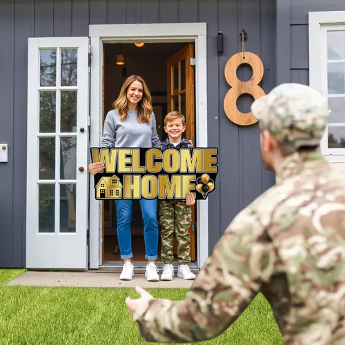 Miniatura 2 de Letrero de Bienvenida a Casa para Patio con Estacas en Oro Negro, Letrero de Bienvenida para Césped para Regreso de Militares, Novedad en Casa