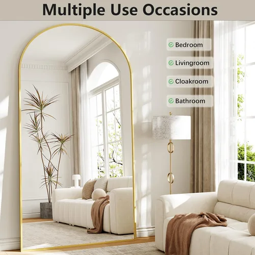 Miniatura 6 de Espejo de longitud completa de gran tamaño, espejo de piso arqueado de 38 x 77 pulgadas, espejo de cuerpo completo con soporte, espejo para Dorado