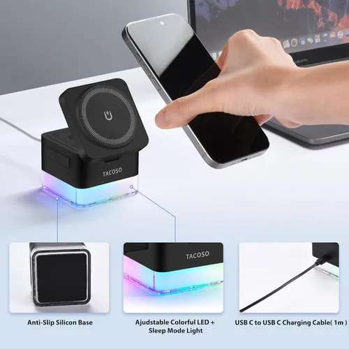 Miniatura 7 de Cargador inalámbrico 3 en 1 Apple-estación de carga, cubo de lámpara de luz nocturna, soporte de cargador magnético de 15 W, base de carga plegable