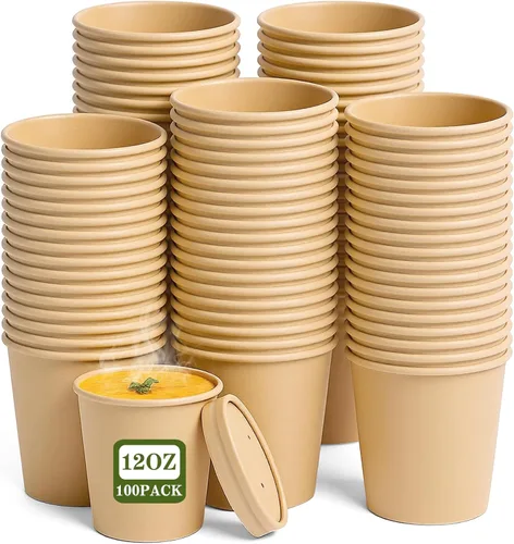 Miniatura 12 de Paquete de 100 recipientes de papel de 4 onzas para sopa con tapas ventiladas, recipientes desechables para alimentos, tazas de helado de estraza