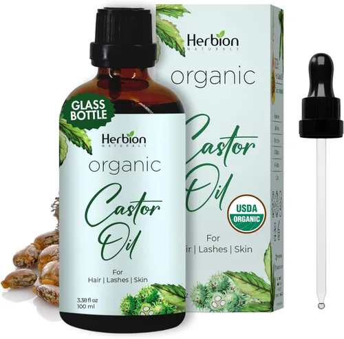 Herbion Naturals Aceite de ricino orgánico certificado por USDA, 100% puro, prensado en frío, sin hexano. Hidratante y tratamiento capilar. Botella