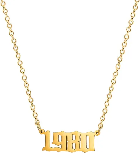 Collar de acero inoxidable chapado en oro de 18 quilates con colgante de número de año de nacimiento y aniversario para mujeres y niñas