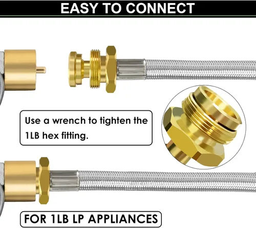 Miniatura 5 de Manguera adaptadora de propano trenzada de acero inoxidable de 12 pies con calibre, adaptador de manguera de tanque de propano convertidor de 1 lb a