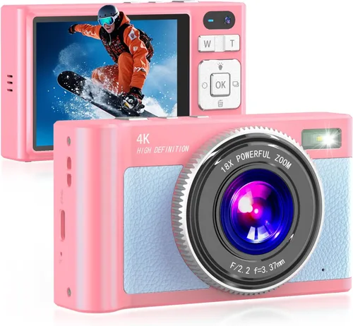 Forc Cámara digital, cámara de fotos 4K con tarjeta de 64 GB, video antivibraciones con zoom 18X, cámara vintage para camping, viajes, vlogging y