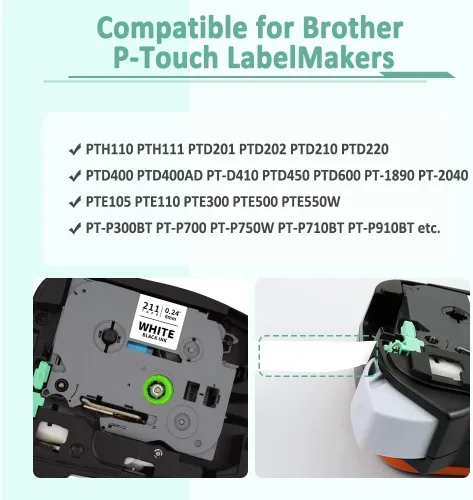 Miniatura 2 de Paquete de 6 cintas de 6 mm 0.23" laminadas compatibles para Brother P Touch, cinta de etiquetas de 6 mm Tze211 Tze111 Tze411 Tze511 Tze611 Tze711