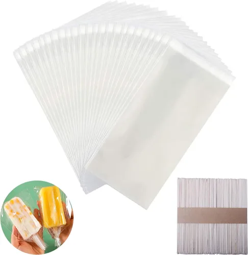Miaowoof 200 palitos de paletas y 200 bolsas, palitos de hielo y bolsas para helado, envoltorios y palitos transparentes autoadhesivos