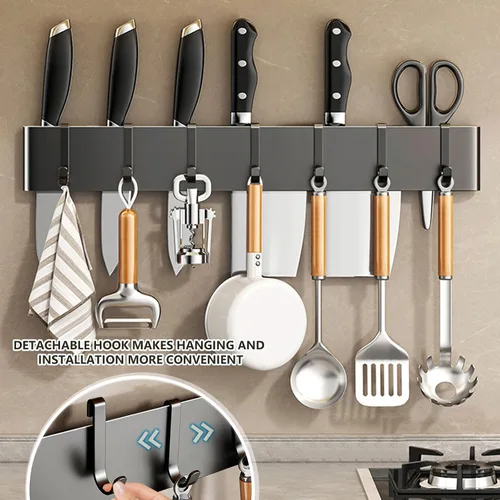 Miniatura 7 de Colgador de utensilios de cocina: soporte para colgar en pared, 7 ganchos, sin taladrar para cocina, despensa, baño, sala de estar de 15.75 pulgadas