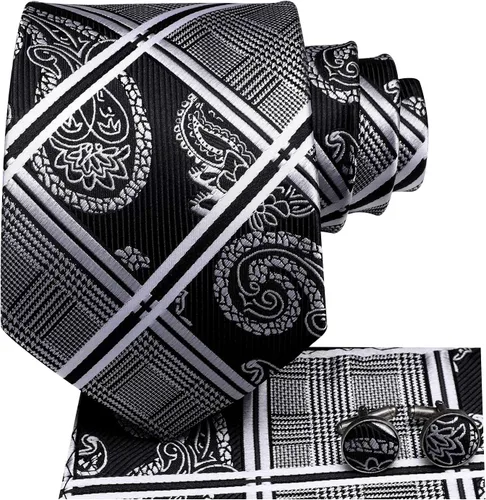 Miniatura 326 de Hi-Tie Corbata clásica de cachemira para hombre con pañuelo y gemelos a cuadros