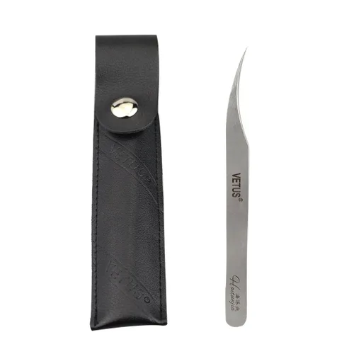 1 pinza de delfín, acero inoxidable, antimagnéticas y antiestáticas, duras y de alta precisión, curvadas, funda de cuero negro, pinzas de pestañas