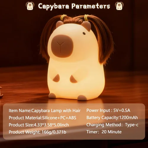 Miniatura 7 de Linda luz nocturna de capybara con peinado DIY, lámpara de silicona esponjosa, luz nocturna para habitación infantil, lámpara de mesita recargable