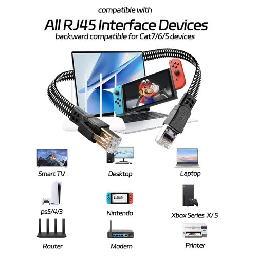 Miniatura 5 de Cable Ethernet Cat 8 de 10 pies, Cable de Internet Trenzado de Alta Velocidad Cable de Red con Conector RJ45 40Gbps 2000Mhz Cable LAN de Servicio