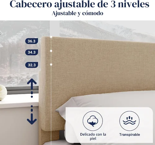 Miniatura 4 de Allewie - Base de cama tamaño King con cabecera ajustable, cama tapizada con plataforma y listones de madera, base de colchón resistente, no Beige