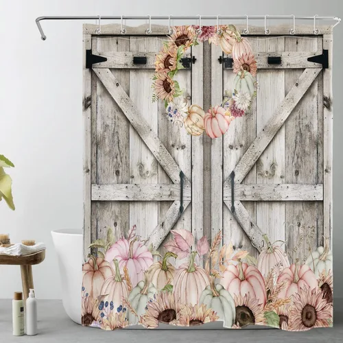 Miniatura 29 de Cortina de ducha con puerta de granero occidental para baño, lavanda púrpura y verde corona de eucalipto en tableros de madera rústica, cortina