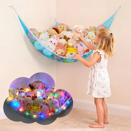 Miniatura 9 de Basumee Hamaca de animales de peluche con luz LED, organizador de red de juguetes de peluche, organizador de esquina para almacenamiento de animales