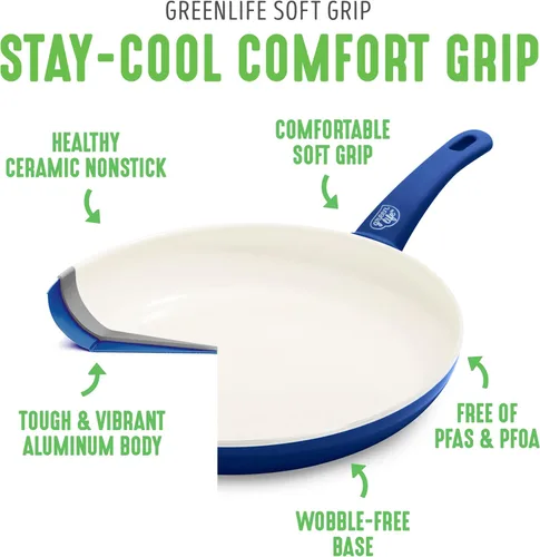Miniatura 4 de GreenLife Soft Grip - Juego de ollas y sartenes de cerámica saludable de 16 piezas, antiadherentes de cerámica saludable de agarre azul y suave