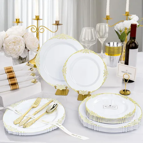 Miniatura 4 de Realluck 350 piezas platos de plástico blanco y dorado, juego de vajilla de plástico para 50 invitados, 100 platos desechables, 150 cubiertos, 50