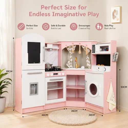 Miniatura 4 de Conjuntos de Cocina de Jugar de Madera Grandes en Rincón con Máquina de Hielo, Dispensador de Agua, Panificadora, Lavadora, Pantalla Electrónica