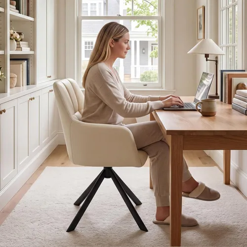 Miniatura 8 de EALSON Cómoda silla de escritorio de cuero, moderna silla de trabajo para computadora, sin ruedas, silla giratoria con brazo de respaldo medio