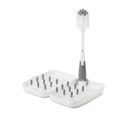 Miniatura 5 de OXO Tot - Cepillo para botellas con limpiador de pezones y soporte, color gris, paquete de 2 y estante de secado Tot tamaño viaje con cepillo