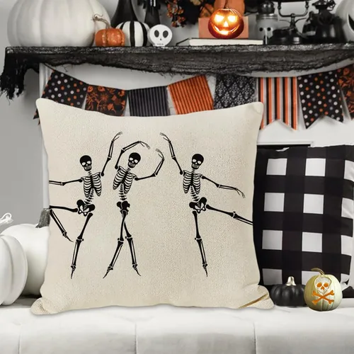 Miniatura 2 de JOOCAR Fundas de almohada de calavera de Halloween, diseño de esqueleto, divertida funda de cojín para sofá, decoración del hogar, 16 x 16 pulgadas