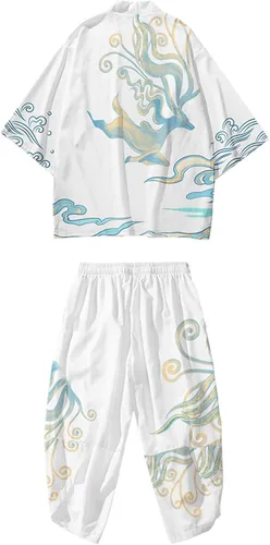 DOSLAVIDA Conjunto de chaqueta tipo kimono japonés para hombre, elegante abrigo frontal abierto con pantalones cortos, estilo chino impreso