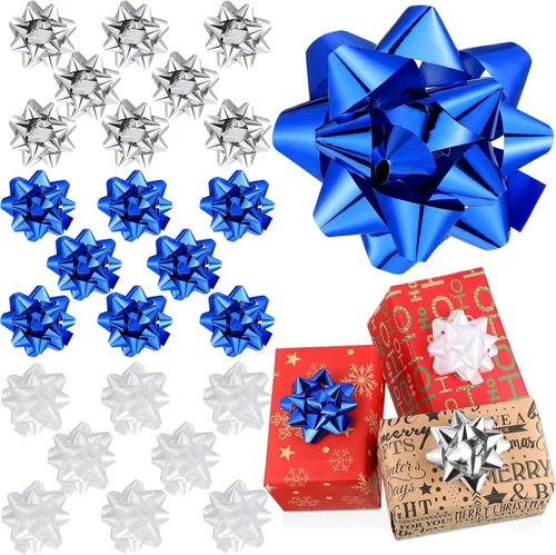 Miniatura 8 de Paquete de 24 Lazos de Navidad para Envolver Regalos, Lazos de Regalo de Cinta, Lazos de Cinta de Estrella de Navidad Autoadhesivos Surtidos