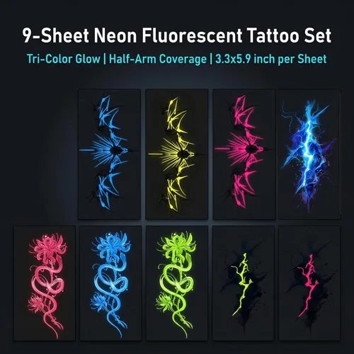 Miniatura 4 de Kotbs 9 hojas de tatuajes temporales que brillan en la oscuridad para mujeres y hombres, alas de serpiente florales de neón UV, tatuajes falsos
