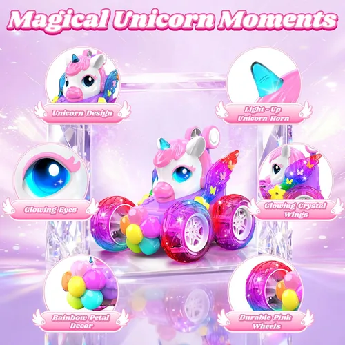 Miniatura 5 de Coches RC de unicornio para niñas, juguetes con alas de cristal brillantes y luces de ojos, rotación de 360°, auto de acrobacias de unicornio rosa