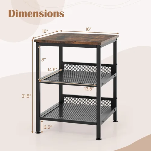 Miniatura 3 de Giantex Mesa auxiliar de 3 niveles, mesa de teléfono industrial con 2 estantes de almacenamiento de malla, marco de metal, mesa auxiliar cuadrada