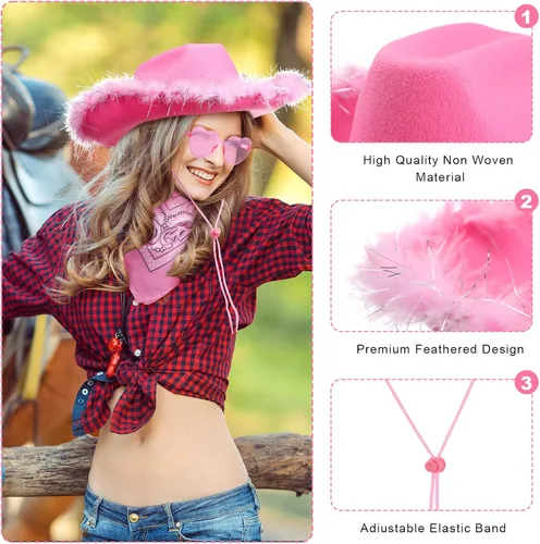 Miniatura 4 de Paquete de 24 sombreros de vaquera con bandana de cachemira y lentes de corazón, sombreros de vaquera de plumas esponjosas para fiesta