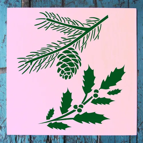 Miniatura 2 de Stencil1 Plantilla de ramas de acebo y hoja perenne – Plantilla de invierno reutilizable para manualidades, decoración de vacaciones, pintura sobre