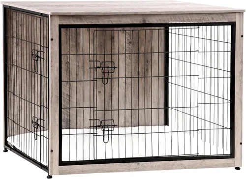 Miniatura 45 de DWANTON Mueble de jaula para perros con cojín, mesa de madera para perros con puertas dobles, casa de perro de interior, tamaño pequeño, mediano