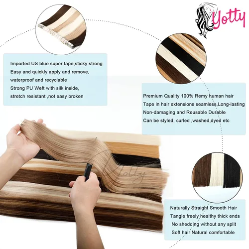Miniatura 4 de Extensiones de cabello humano Remy con cinta adhesiva sin costuras (16 pulgadas, 10 unidades, rubio ceniza)