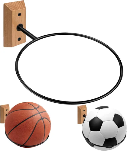 Miniatura 20 de Soporte de pared para baloncesto VIVTOB, soporte de pared para pelota de 7 pulgadas con base de madera maciza de nogal negro y anillo de metal