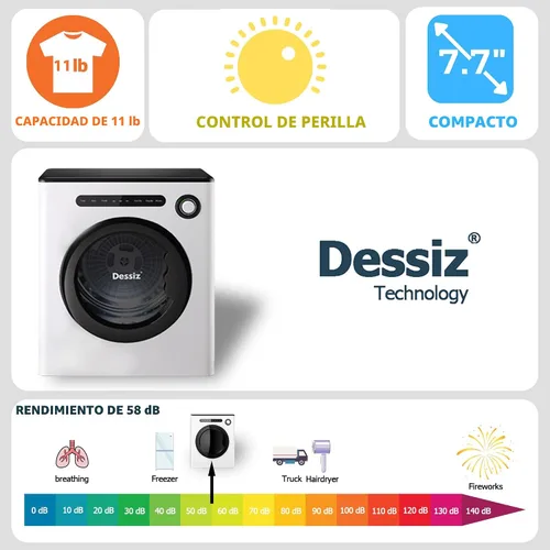 Miniatura 2 de Dessiz Secadora compacta de 11 libras de 950 W, secadora de ropa portátil para espacios pequeños, caravanas y apartamentos, silenciosa, resistente
