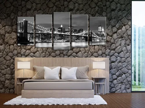 Miniatura 6 de Cuadro de vista nocturna del puente de Brooklyn de 5 paneles de Wieco art, ilustraciones de paisaje, bastidores impresos, cuadros abstractos sobre