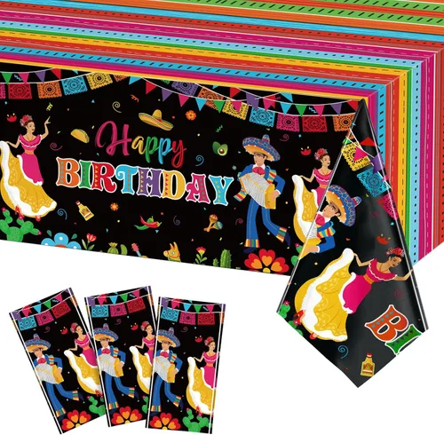 WovWeave Mantel de plástico para fiesta mexicana, 3 unidades, 54 x 108 pulgadas, mantel desechable para fiesta de cumpleaños mexicano, suministros