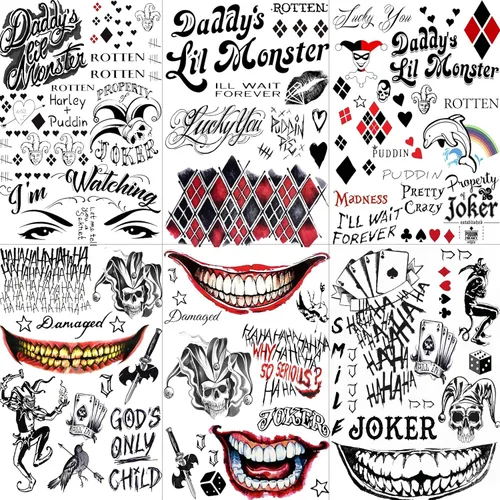 Miniatura 12 de GOROMON Juego de 6 hojas de tatuajes temporales de The Joker para Halloween, calcomanías de tatuajes de bromista de escuadrón suicida para mujeres