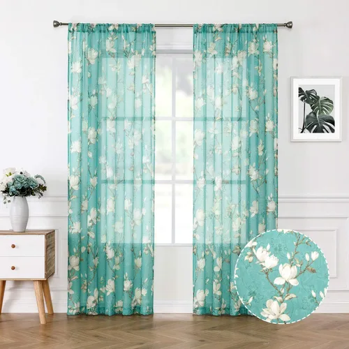 Miniatura 13 de Tollpiz - Cortinas cortas florales azules transparentes, con diseño de flores y enredaderas bordadas, cortinas de media cocina para café