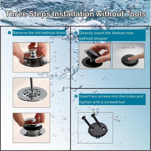 Miniatura 3 de Tapón de Drenaje de Bañera Negro, Welsan Tapón Universal Pop Up de Bañera de Repuesto Tip Toe, Levantar y Girar con Cubierta de Placa Frontal