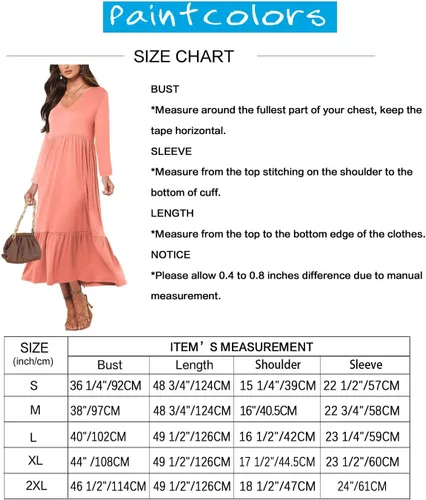 Miniatura 6 de Paintcolors Vestido largo casual de manga larga con cuello en V para mujer, vestido escalonado, color sólido, holgado, con vuelo, vestido midi