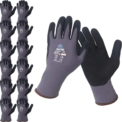 12 pares de guantes de trabajo de nailon, revestimiento antideslizante de microespuma de nitrilo en la palma de la mano, tacto inteligente, gris