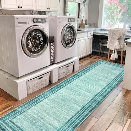 Miniatura 63 de Alfombra de pasillo moderna abstracta Lahome, alfombra lavable turquesa de 2 x 6 pulgadas para entrada, alfombra antideslizante de bajo pelo