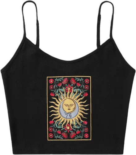 SOLY HUX Camiseta corta de punto acanalado con tirantes delgados y estampado floral para mujer