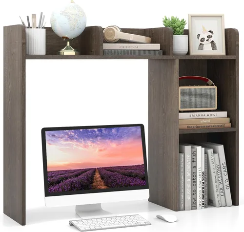 Miniatura 12 de LDAILY Desktop Bookshelf, 2-Tier Office Desk Shelf Organizer Desk Hutch with 4 Shelves, 37’’L Wood Storage Rack Display Shelf for Computer Desk