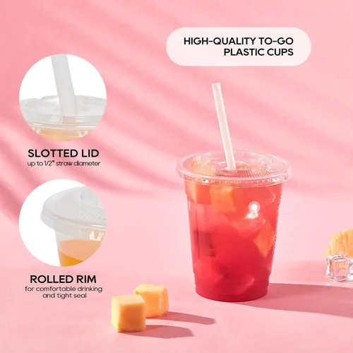 Miniatura 4 de [Paquete de 100] Vasos de plástico transparente de 12 onzas con tapas planas ranuradas, vasos desechables para bebidas frías heladas, café, té