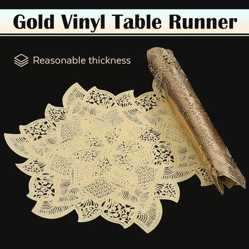 Miniatura 3 de FAVE Camino de mesa dorado de 36 pulgadas con forma de flor, camino de mesa corto lavable para bodas, banquetes, cumpleaños, fiestas, restaurantes